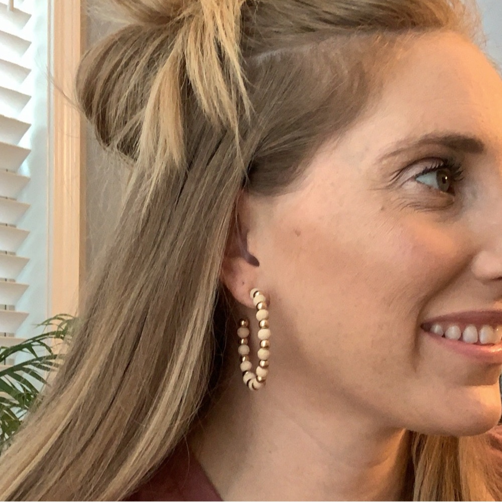 New Beaded Hoop Earrings | Wood and Gold | Boutique | Lightweight | Neutral Boho